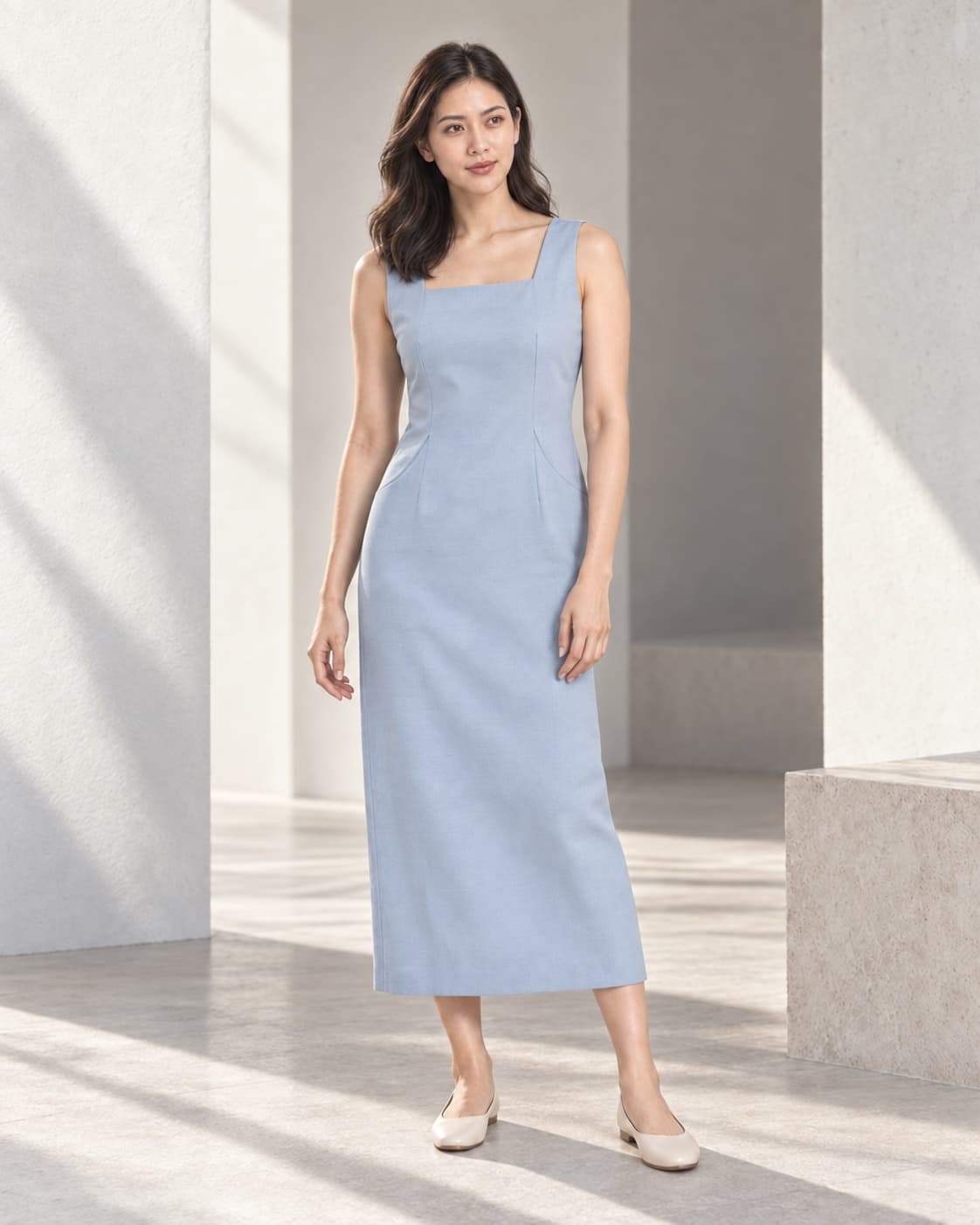 Người mẫu ảo An trong concept Column Midi Dress màu Mist Blue