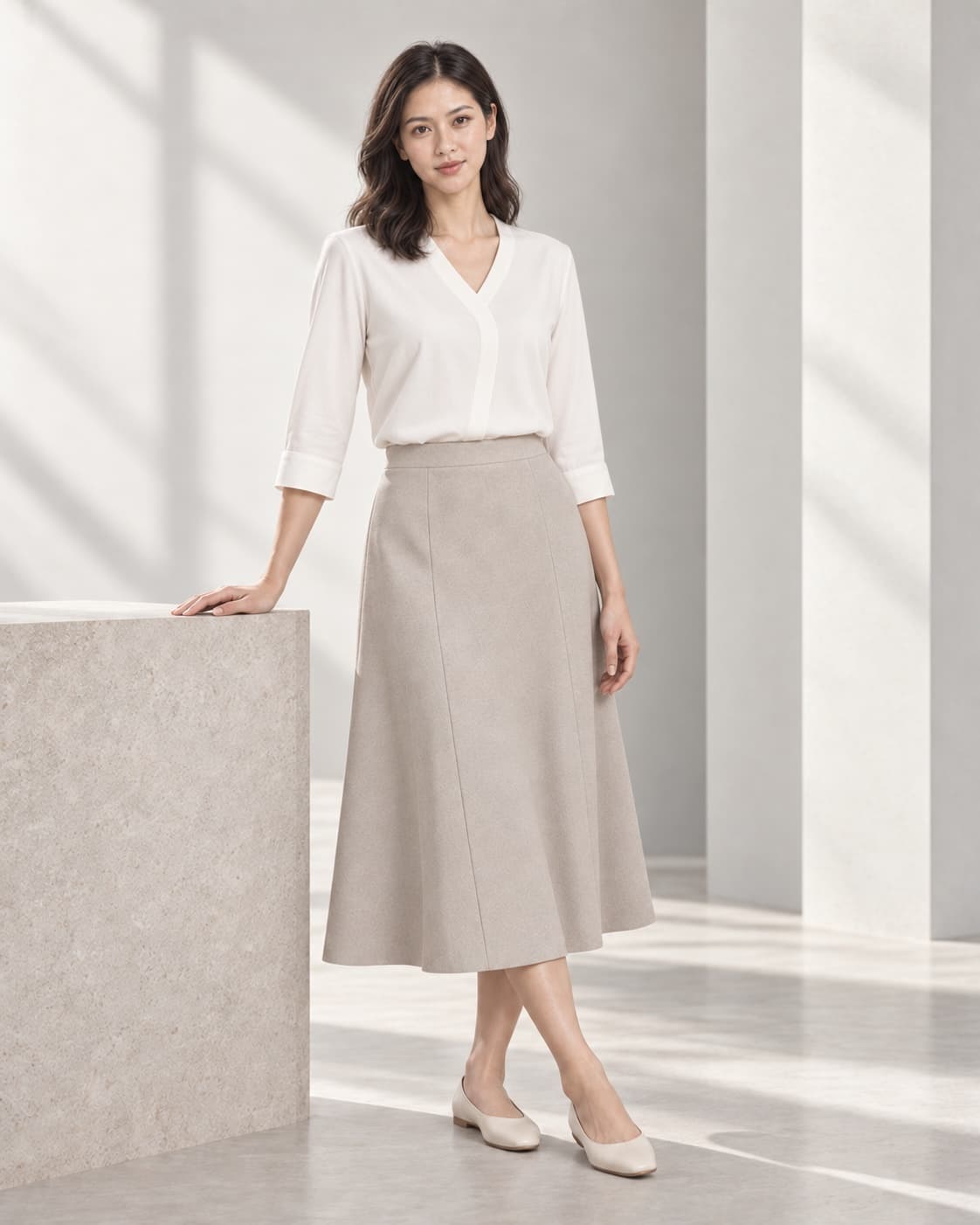 Người mẫu ảo An trong concept Curved V Shirt màu Porcelain của MAY Atelier