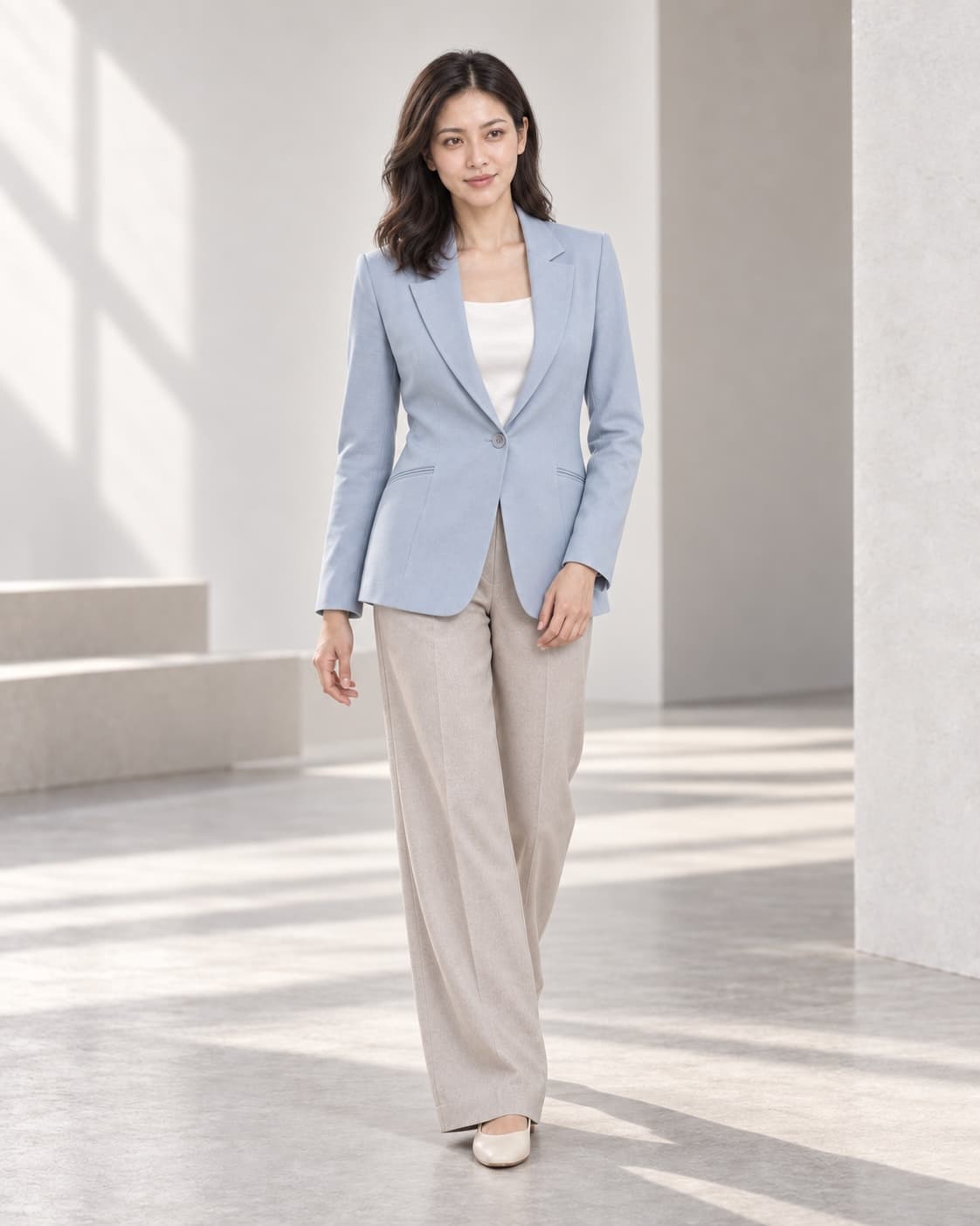 Người mẫu ảo An trong concept Soft Shoulder Blazer màu Mist Blue của MAY Atelier